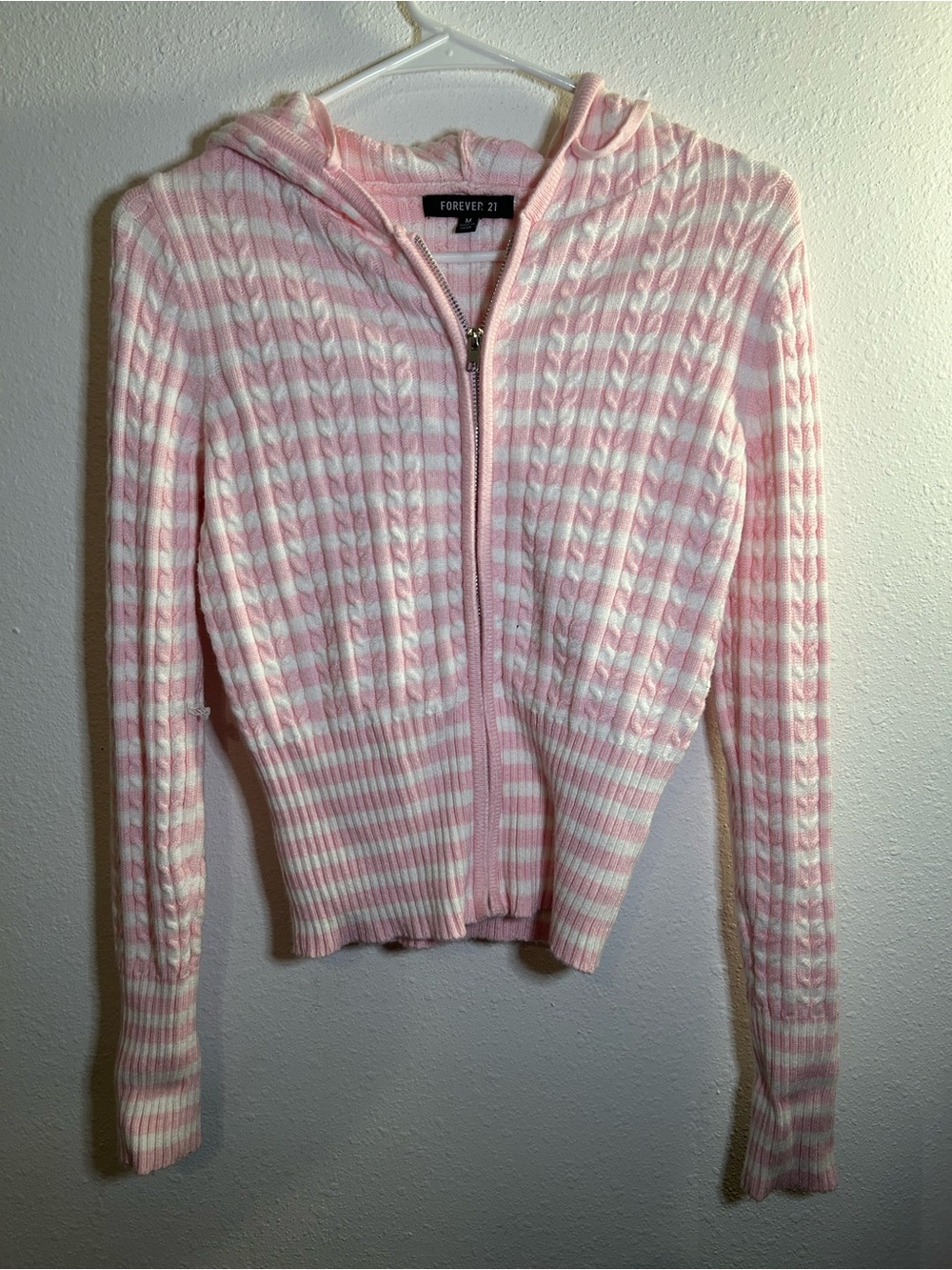 Forever 21 Pink and White Striped Ribbed Hooded Zip-Up Sweater